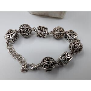 Brighton Silver Tone Scrollwork Bead & Cube Charm Bracelet Lobster Claw Closure
